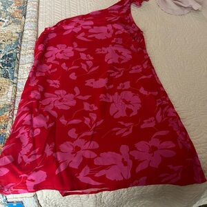 Red and Pink Floral One-Shoulder Dress